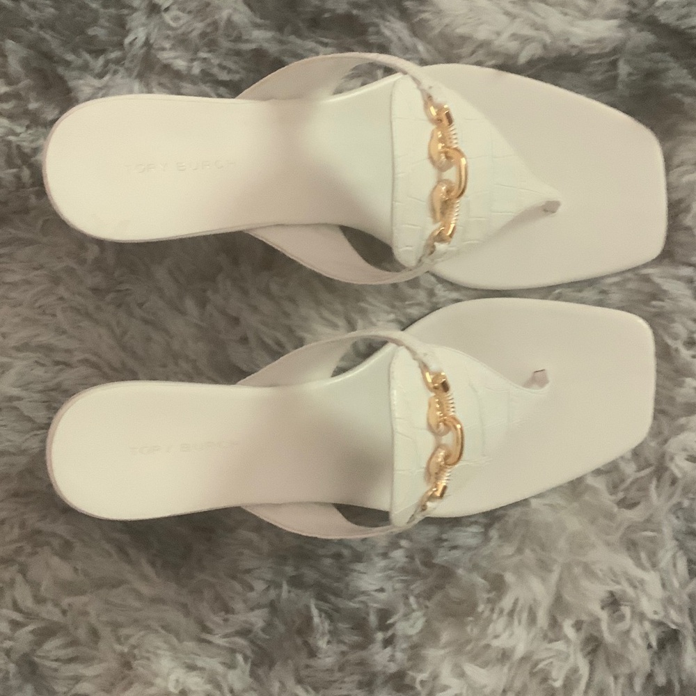 Tory Burch Ivory Sandals with Gold Chain